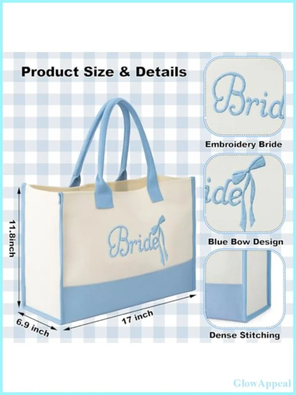 Embroidered Canvas Bride Tote Bag with Bow for Wedding Bridal Shower